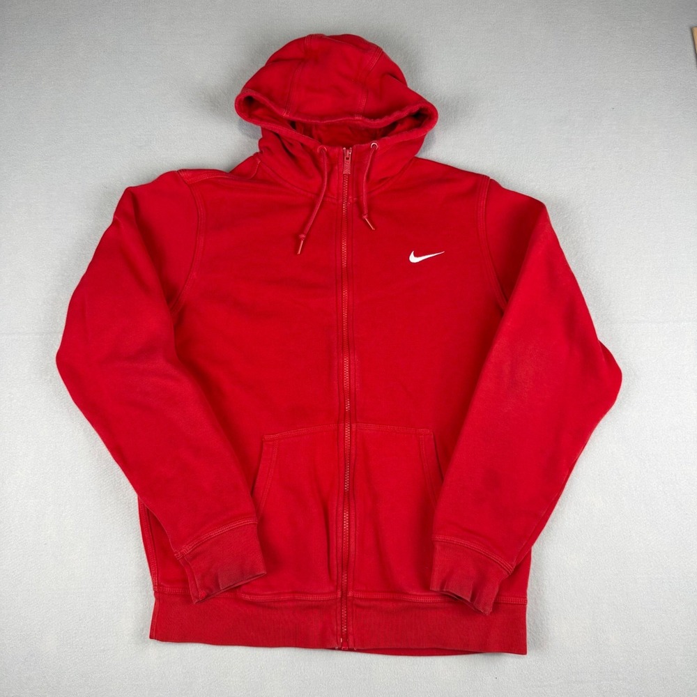 Y2K Nike Mens Full Zip Hoodie Red Fleece Embroidered Swoosh Logo Size Large
